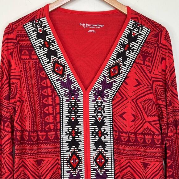 Soft Surroundings Kalahari red embroidered V neck long sleeve tunic top boho M - Picture 2 of 8